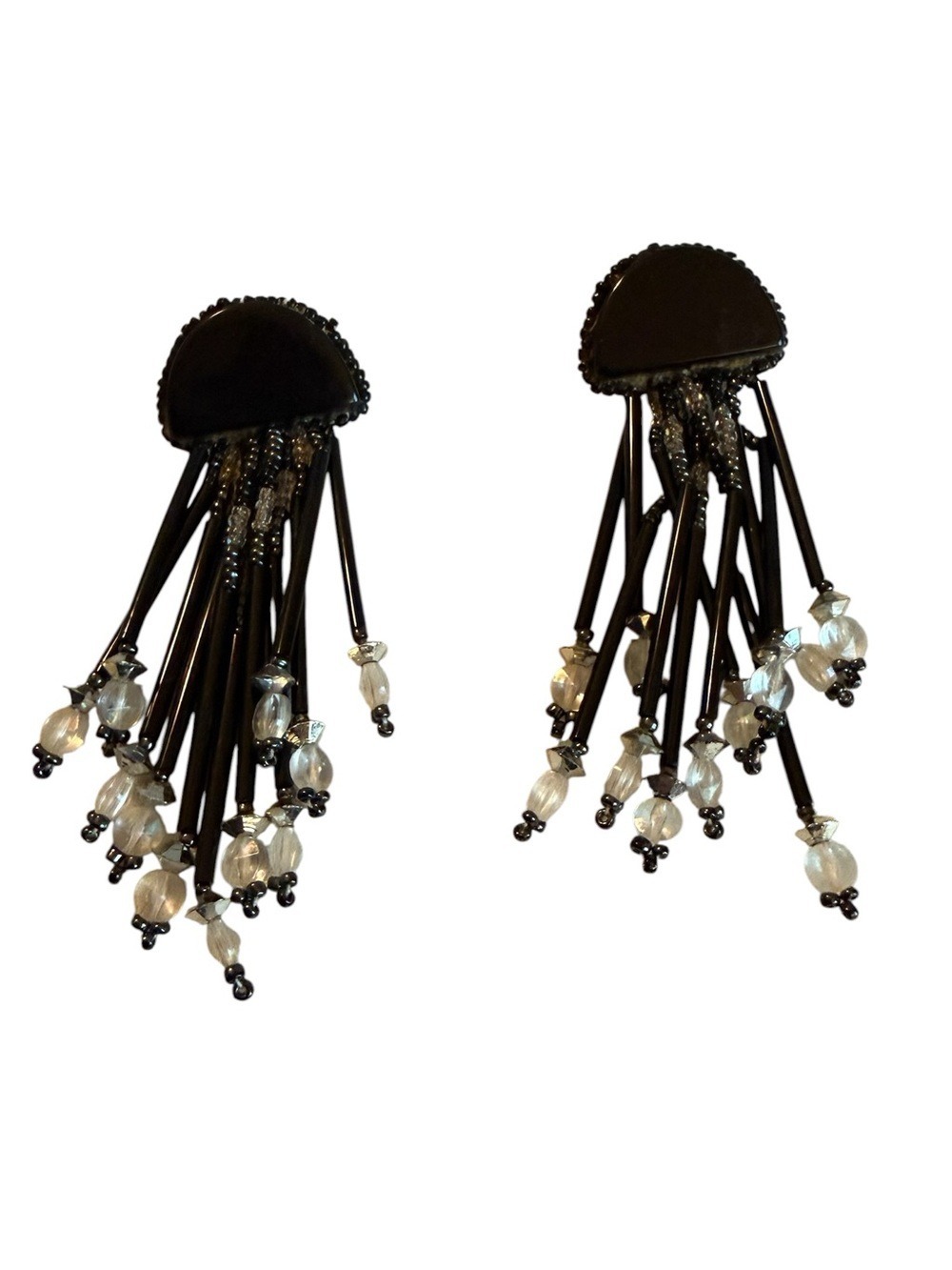 Black Bead Drop Earrings Clear Accent Beads